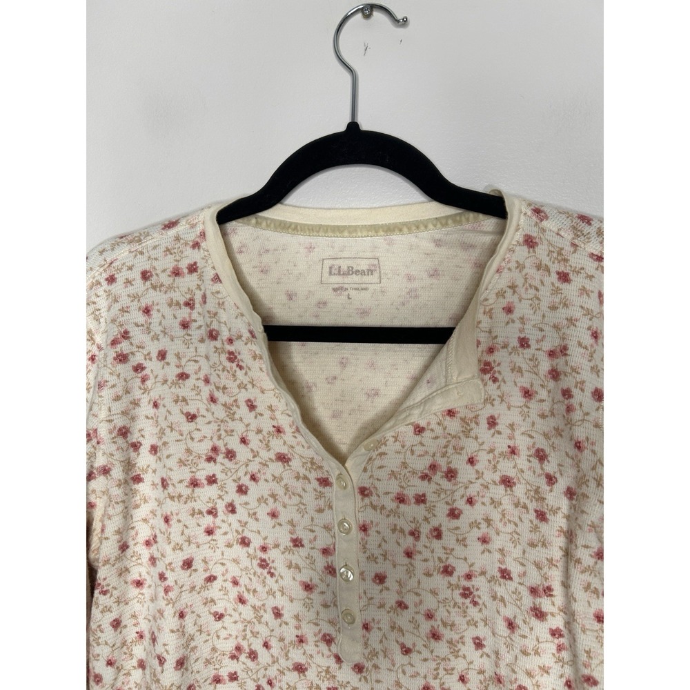 L.L. Bean Women's Cream Floral Thermal Button Henley Top Shirt Size Large - Picture 3 of 8